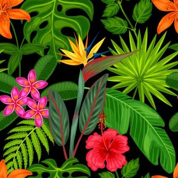 Seamless pattern with tropical plants, leaves and flowers. Background made Illustrazione stock