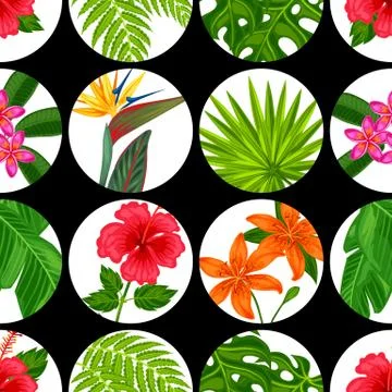 Seamless pattern with tropical plants, leaves and flowers. Background made Illustrazione stock