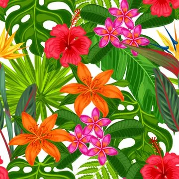 Seamless pattern with tropical plants, leaves and flowers. Background made Illustrazione stock
