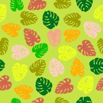 Seamless pattern with tropical plants monster leaves. Modern random colors. Stock Illustration