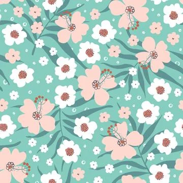Seamless pattern with tropical plants. Naive art bold flowers background. Stock Illustration