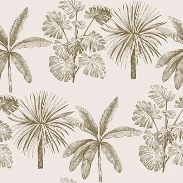 Seamless pattern with tropical plants, palms and monstera. Vector print wit.. Illustrazione stock