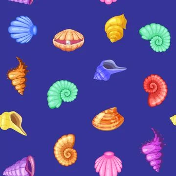 Seamless pattern tropical shells cartoon. Cute funny underwater characters 스톡 일러스트