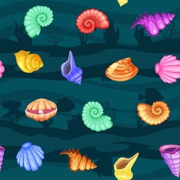 Seamless pattern tropical shells cartoon. Cute funny underwater characters Illustrazione stock