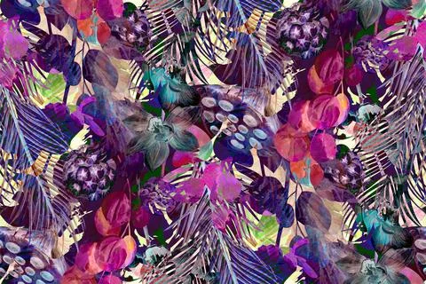 Seamless pattern with tropical silhouettes and shadows for summer textile Stock Illustration