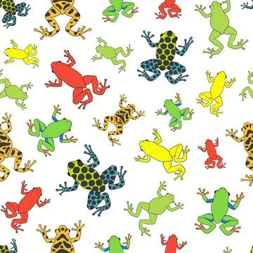 Seamless pattern with tropical tree frogs. Colored vector background. Stock Illustration