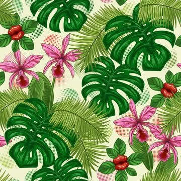 Seamless pattern with tropical vegetation Stock Illustration