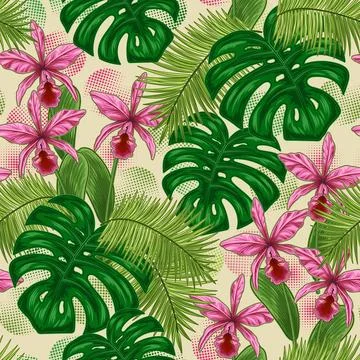 Seamless pattern with tropical vegetation, round halftone shapes Stock Illustration