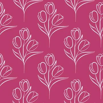 Seamless pattern with tulip flower in line art style on pink background. Floral Stock Illustration