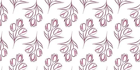 Seamless pattern with tulip flower in line art style. Ideal for textile Stock Illustration