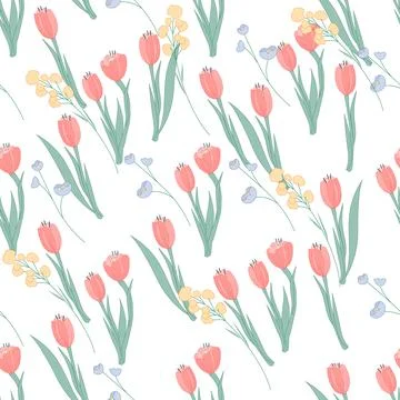 Seamless pattern with tulips and other wild spring flowers, flat vector on white Stock Illustration