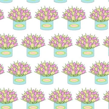 Seamless pattern of tulips bouquets in box with soft yellow and gentle pink Stock Illustration