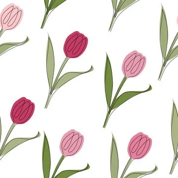 Seamless pattern of tulips drawn in one line. Vector illustration isolated on Stock Illustration