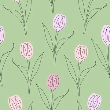 Seamless pattern of tulips drawn in one line. Vector illustration isolated on Stock Illustration