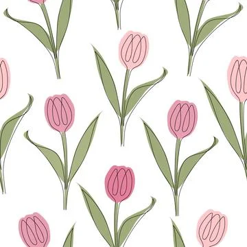 Seamless pattern of tulips drawn in one line. Vector illustration isolated on Stock Illustration