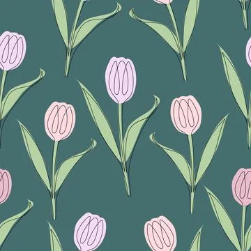Seamless pattern of tulips drawn in one line. Vector illustration isolated on Stock Illustration