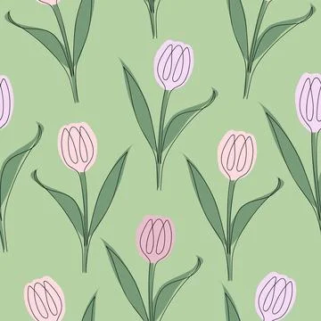 Seamless pattern of tulips drawn in one line. Vector illustration isolated on Stock Illustration
