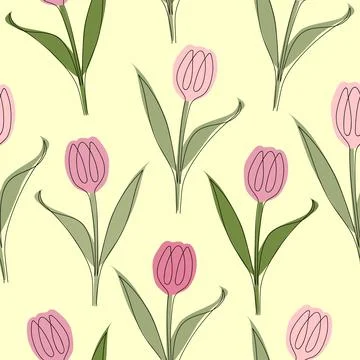Seamless pattern of tulips drawn in one line. Vector illustration isolated on Stock Illustration