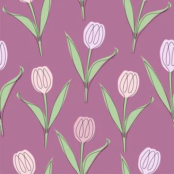 Seamless pattern of tulips drawn in one line. Vector illustration isolated on Stock Illustration