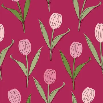 Seamless pattern of tulips drawn in one line. Vector illustration isolated on Stock Illustration