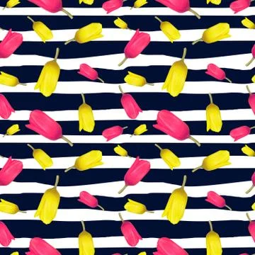 Seamless pattern of tulips. Floral Pattern of flowers on a sea background. 스톡 사진