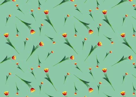 Seamless pattern with tulips on a light green background. Floral spring pat.. Stock Photos