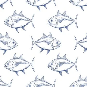 Seamless pattern, tuna fish, line pattern, blue on white background. Packag.. Stock Illustration