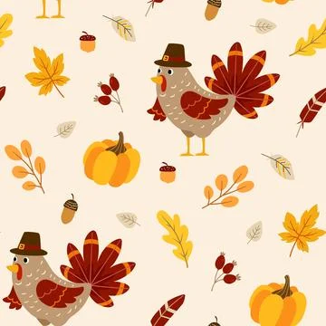 Seamless pattern with turkey and pumpkins for Thanksgiving day Stock Illustration