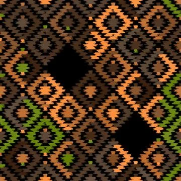 Seamless pattern Turkish carpet beige orange khaki brown black. Patchwork mos Stock Illustration