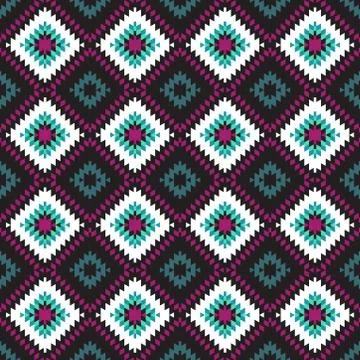 Seamless pattern Turkish carpet blue white red black. Colorful patchwork mosa Stock Illustration