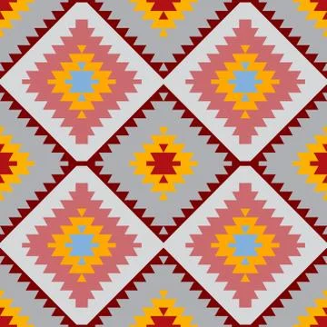 Seamless pattern Turkish carpet blue gray pink orange. Patchwork mosaic orien Stock Illustration