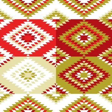 Seamless pattern Turkish carpet white red green olive khaki. Colorful patchwo Stock Illustration