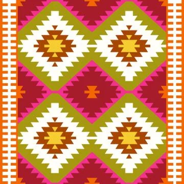 Seamless pattern Turkish carpet white red green olive khaki. Colorful patchwo Stock-Illustration