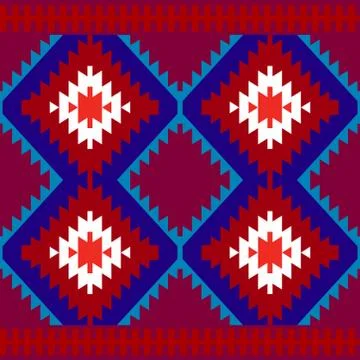 Seamless pattern Turkish carpet white red burgundy blue. Colorful patchwork m Stock Illustration