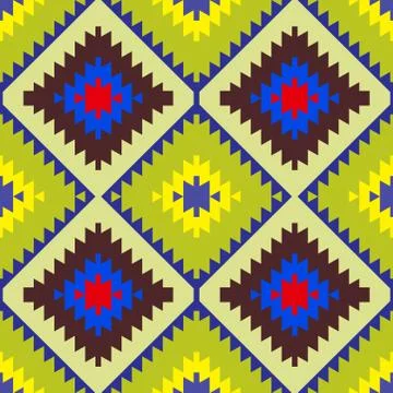 Seamless pattern Turkish carpet yellow blue red green brown. Patchwork mosaic Stock Illustration