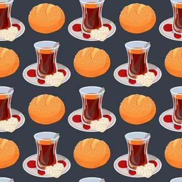 Seamless pattern with Turkish tea glass on saucer and stuffed bun in cartoon Stock Illustration