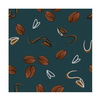 Seamless pattern. On a turquoise background, coffee beans are randomly placed. Stock Illustration