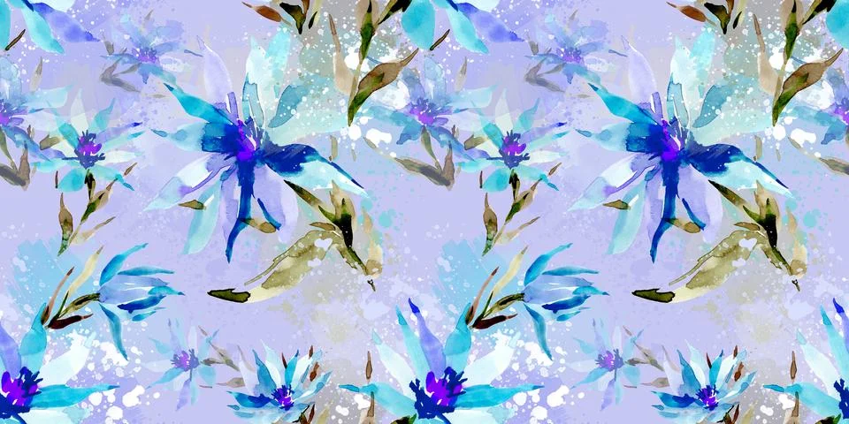 Seamless pattern with turquoise flowers on a blue background. Floral watercolor Stock Illustration