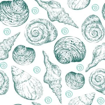 Seamless pattern turquoise hand drawn seashells vector illustration Stock Illustration