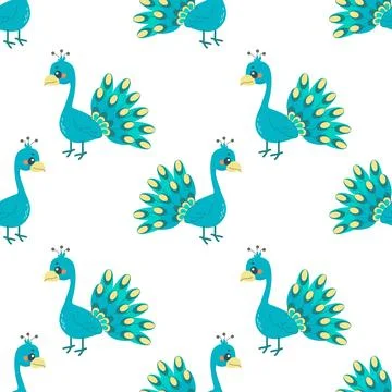 Seamless pattern with turquoise peacock bird, on white background, a childi.. Stock Illustration