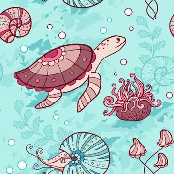 Seamless pattern with turtle and nautilus Illustrazione stock