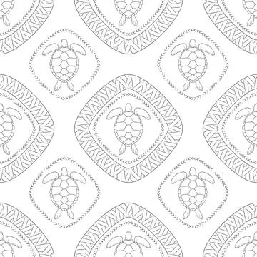 Seamless pattern with turtle and polynesian symbols. Stockillustratie