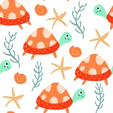 Seamless pattern with turtle and sea life Stock Illustration