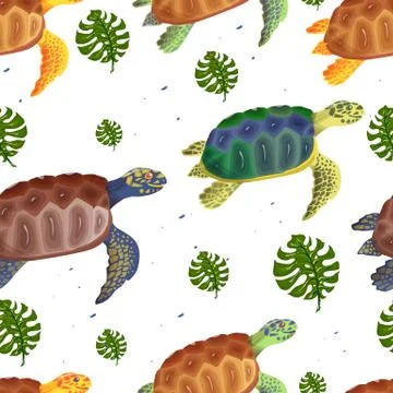 Seamless pattern with turtles and monstera leaves. Swimming sea turtles. Seam Stock Illustration