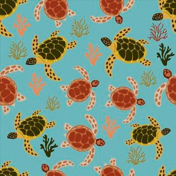 Seamless pattern with turtles and sea corals, on a blue background, in cartoon Stock Illustration