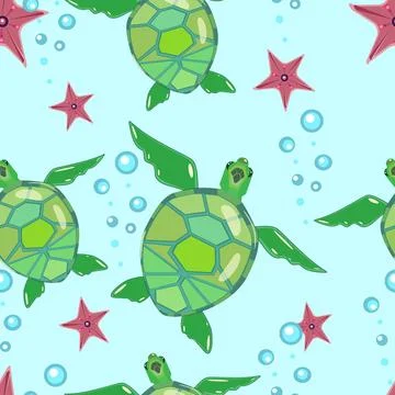 Seamless pattern with turtles and starfish. Design for textile and print. Sum Illustrazione stock