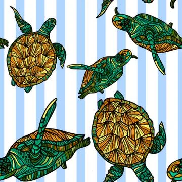 Seamless pattern with turtles and stripes. 스톡 일러스트