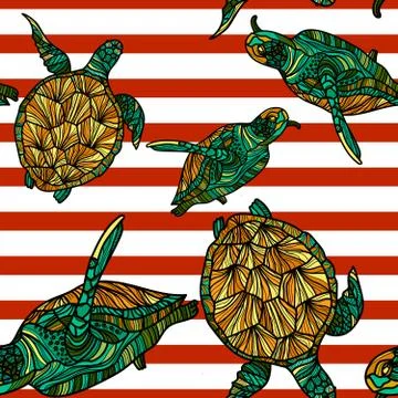Seamless pattern with turtles and stripes. Stock Illustration