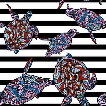Seamless pattern with turtles and stripes. Stock Illustration