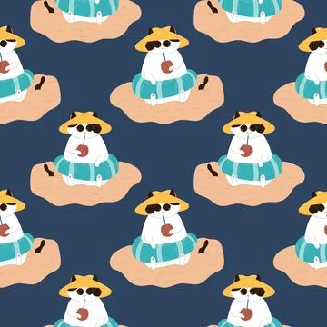 Seamless pattern Tuxedo cat in an inflatable ring sits on the sand wearing Stock Illustration